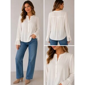 Catherine Catherine Malandrino White Henley Blouse Pleated Bell Cuff Medium